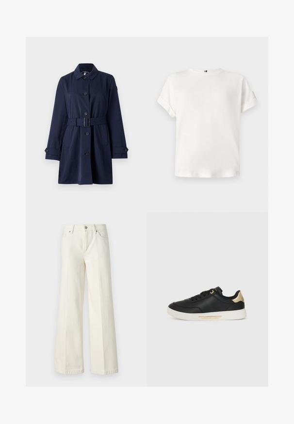 Tums zils tranšejas uzvalks ar apkakli, pogu aizdari, jostu viduklī un sānu kabatām. Audums ir gluds ar strukturētu dizainu.; Balts īsām piedurknēm t-krekls ar apaļu kakla izgriezumu un sarullētām piedurknēm, izgatavots no mīksta auduma, ar diskrētu logo akcentu tuvumā apakšmalai.; Platās kāju baltās džinsas, izgatavotas no kokvilnas maisījuma auduma. Tām ir rāvējslēdzēja josta, piecu kabatu dizains un šuvju izšuvumi gar šuvēm.; Melna ādas kedas ar gludu tekstūru, baltu gumijas zoli, zelta akcentiem uz papēža un acs caurumiem, ar logo sānos.