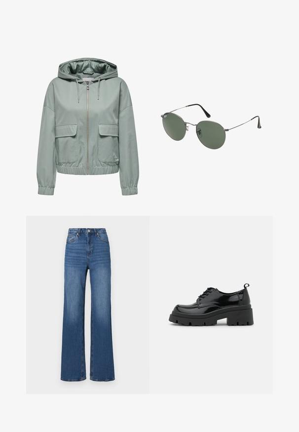 Huppari vaaleanvihreänä, jossa on etuvetoketju, joustavat hihansuut ja helma sekä kaksi suurta nauhataskua edessä. Sileä tekstuuri.; Tummansinisestä denimmistä valmistettu paita, jossa on kauluspaita, pitkät hihat, kaksi rintataskua ja kontrastivärit ompelut yksityiskohdat.; Siniset, korkea vyötärö ja leveät lahkeet, valmistettu denimistä, perinteinen viiden taskun muotoilu ja hienovarainen haalistuminen lahkeissa.; Musta lakkapintainen kengät, joissa on paksu platform-pohja ja paksut nauhat. Pyöristetty kärki, minimaalinen yksityiskohtaisuus ja pieni kantanauha takana.; Aurinkolasit metallikehyksillä, joissa on soikeat vihreät linssit. Ohut hopeinen metallikehys ja mustat korvapehmusteet. Minimalistinen muotoilu, ei näkyviä logoja.