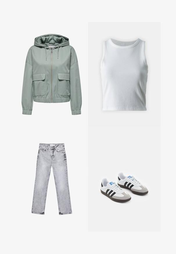 Giacca con cappuccio di colore verde chiaro, dotata di zip frontale, polsini ed orlo elasticizzati, e due grandi tasche a pattina sulla parte anteriore. Texture liscia.; Top a canotta bianco a coste con scollatura rotonda e senza maniche, caratterizzato da un orlo dritto e una texture liscia e elastica.; Jeans in denim grigio con taglio dritto, dettagli sfilacciati, cinque tasche e rivetti in rame. La cintura presenta un'etichetta con il logo.; Scarpe sportive con tomaia in pelle bianca, punta in suede grigia e tre strisce nere. Presentano un logo blu sulla linguetta e una suola in gomma testurizzata.