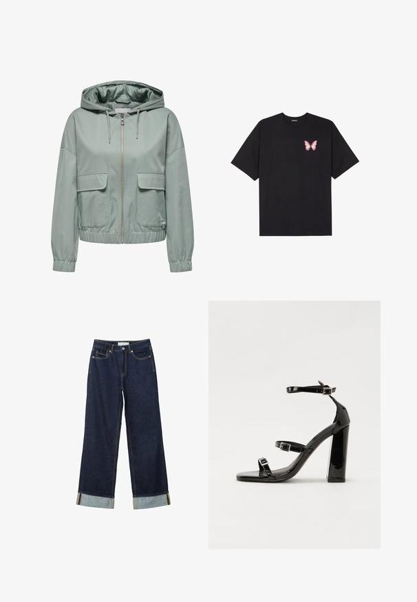 Kapuči jakna v svetlo zeleni barvi, z zadrgo spredaj, elastičnimi manšetami in robom ter dvema velikima žepoma na sprednji strani. Gladka tekstura.; Črna bombažna majica s kratkimi rokavi, ki ima majhen roza metuljček na levi strani prsnega dela. Majica s krožnim ovratnikom in sproščenim krojem.; Temno modri široki jeans z visokim pasom, s zavitimi manšetami, kontrastnim šivanjem in dizajnom s petimi žepi. Narejeni iz jeansa.; Črne lakirane sandale s peto, kvadratnim prstom, trakovi okrog gležnja in srebrnimi zaponkami. Opremljene so s stabilno Debelo peto.
