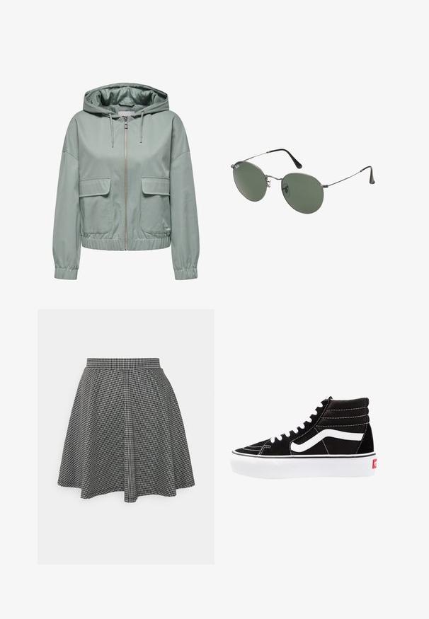 Hooded jacket in light green, featuring a front zipper, elasticated cuffs and hem, and two large flap pockets on the front. Smooth texture.; Black ribbed crop tank top with a round neckline and sleeveless design. Made from soft, stretchy fabric, featuring clean hemmed edges.; Black and white checkered skater skirt with a fitted waistband and flared hem, made of textured fabric displaying a classic pattern.; Black high-top sneakers with white laces, a white logo, and contrasting white stitching. Features a thick white sole and textured suede upper.; Metal-framed sunglasses with oval green lenses. Thin silver metal frame and black ear tips. Minimalist design, no visible logos.