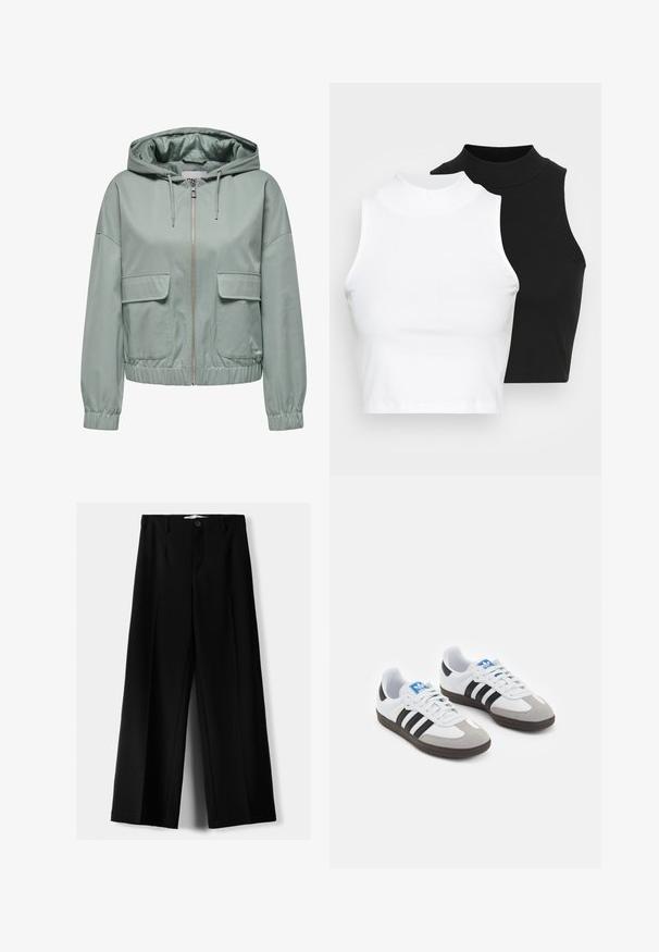 Hooded jacket in light green, featuring a front zipper, elasticated cuffs and hem, and two large flap pockets on the front. Smooth texture.; Two sleeveless ribbed turtleneck tops in black and white, featuring a fitted design and smooth texture, with cropped length.; Black wide-leg trousers made of lightweight fabric, featuring a front button closure and flat front, with neatly stitched hems.; Sport shoes with a white leather upper, gray suede toe, and three black stripes. Features a blue logo on the tongue and a textured rubber sole.