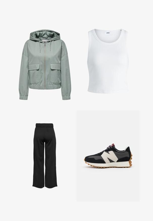 Heledusega jakk helesinises, millel on ees lukuga sulgemine, elastsed mansetid ja serv, ning kaks suurt klapiga taskut ees. Sile tekstuur.; Valge ribakujuline tank top, millel on ümmargune kaelus, varrukateta disain ja lühike pikkus. Silt ütleb "JJXX." Sile kangast tekstuur.; Mustad, laiad püksid elastse vöökohtaga, valmistatud siledast kangast. Omab lihtsat disaini, ilma taskute või nähtavate õmbluste detailideta.; Mustmust ja halli nubukist tennisajal on suur kreemjas "N" logo, lilla paelad ja tekstureeritud kummist välispohja.