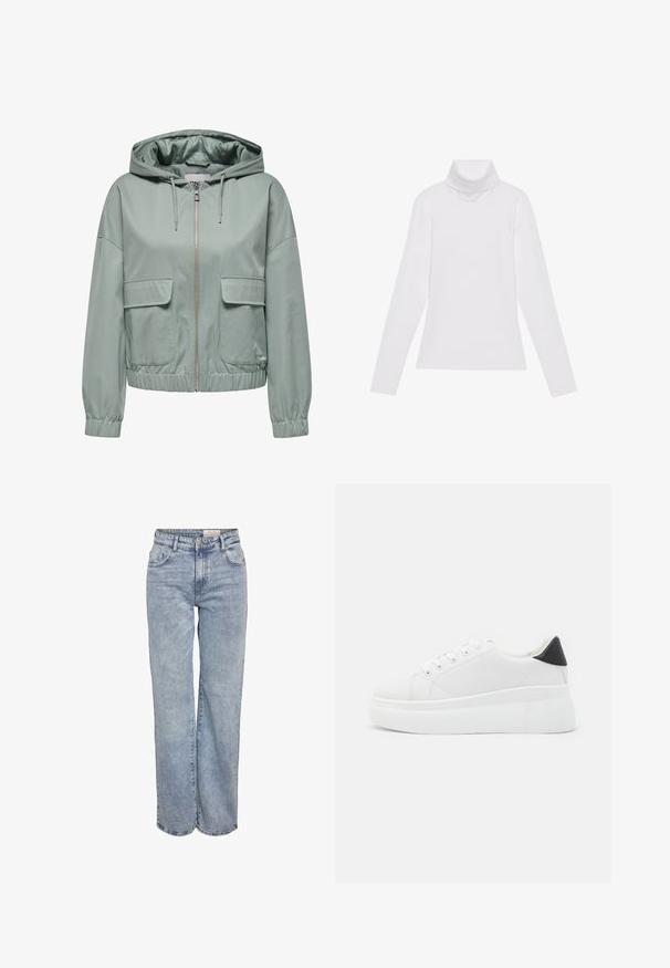 Kapotová bunda ve světle zelené barvě, s předním zipem, elastickými manžetami a spodním lemem, a dvěma velkými kapsami na klopě na přední straně. Hladká textura.; Bílý dlouhý rukáv rolák vyrobený z hladkého, elastického materiálu. Má vysoký límec a přiléhavý střih, bez viditelných vzorů nebo ozdob.; Světle modré široké džíny vyrobené z denimové tkaniny, s vysokým pasem, designem se šesti kapsami a jemným zesvětlením pro opotřebovaný vzhled.; Bílé platformové tenisky vyrobené z hladkého syntetického materiálu, s kulatou špičkou, šněrováním a texturovanou gumovou podrážkou. Černý akcent na patě.