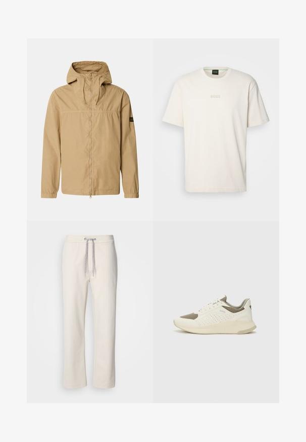 Casaco leve bege com fecho dianteiro, capuz e punhos elásticos. Apresenta uma costura horizontal e um pequeno patch de logótipo na manga.; BOSS TEE - T-shirt básica - open white; Calças casuais de cor cremosa com cintura elástica e pernas retas, exibidas sobre um fundo branco liso.; Sapatilha atlética branca e bege claro, com parte superior em malha, detalhes perfurados e uma entressola texturizada com marcação no calcanhar.