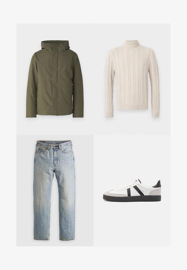 Olive green waterproof jacket with a high collar, hood, and minimalistic design. Features long sleeves and a straight cut. No visible closures.; Beige, knitted sweater with a high, ribbed turtleneck. Features a textured cable pattern and ribbed cuffs and hem, offering a cozy appearance.; Light blue denim jeans with high waist, front button, zipper, and five-pocket design, laid flat on a neutral background.; White sneaker with black and gray accents, featuring a textured gray toe cap, black rubber sole, and flat white laces. Clean design, minimalist style.