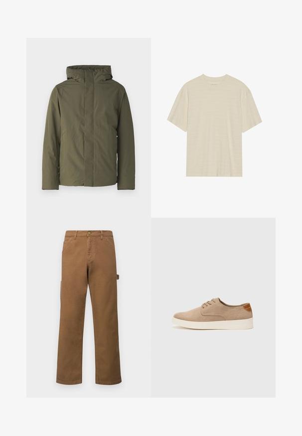 Oliven grøn vandtæt jakke med høj krave, hætte og minimalistisk design. Har lange ærmer og lige snit. Ingen synlige lukninger.; Cremefarvet kortærmet t-shirt med en subtil stribet tekstur og rund halsudskæring, lavet af letvægtsstof.; Brune bomulds cargo bukser med lige ben, der har sidelommer og en metal lukning i taljen. Glat tekstur og afslappet design.; Beige ruskinds sneakers med rund tå, snørebånd foran og en struktureret rygdetalje. Hvid gummisål giver kontrast. Enkel og moderne design.