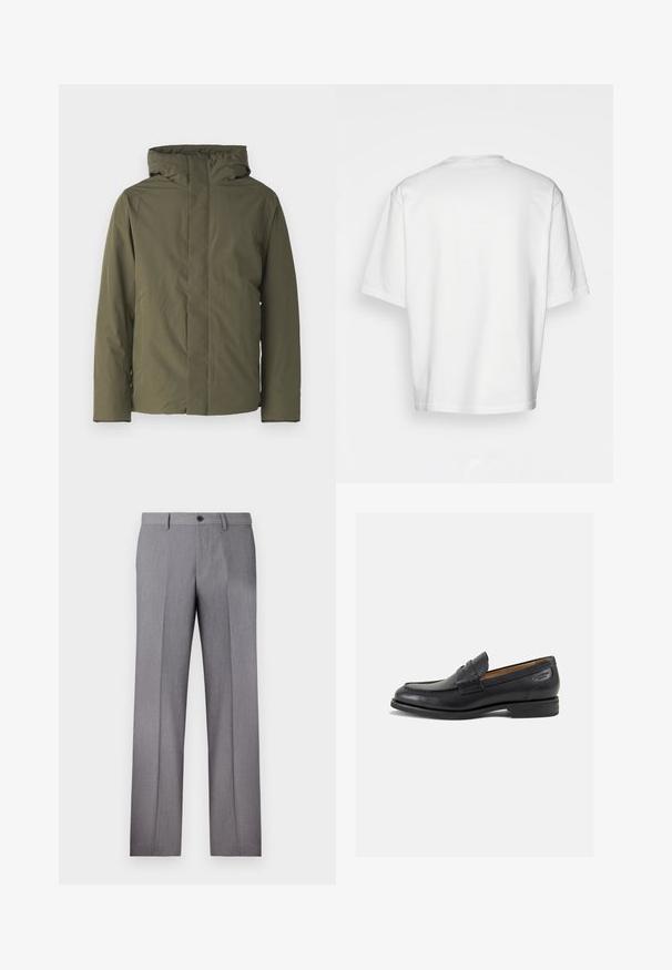 Olivegrüne wasserdichte Jacke mit hohem Kragen, Kapuze und minimalistischer Design. Verfügt über lange Ärmel und einen geraden Schnitt. Keine sichtbaren Verschlüsse.; Weißes T-Shirt mit kurzen Ärmeln, lockere Passform, runder Ausschnitt, glattes Baumwollmaterial, ungeschmückter Rücken, gerader Saum, keine Muster oder Akzente.; Graue maßgeschneiderte Hose mit flachem Vorderteil, zwei Seitentaschen und einem einzigen Knopfverschluss. Glatte Textur mit dezentem Nadelstreifenmuster.; Schwarze Leder Slipper mit glatter Oberfläche, runder Spitze und dekorativer Naht auf dem Vorderblatt. Niedriger Blockabsatz und leichter Glanz.
