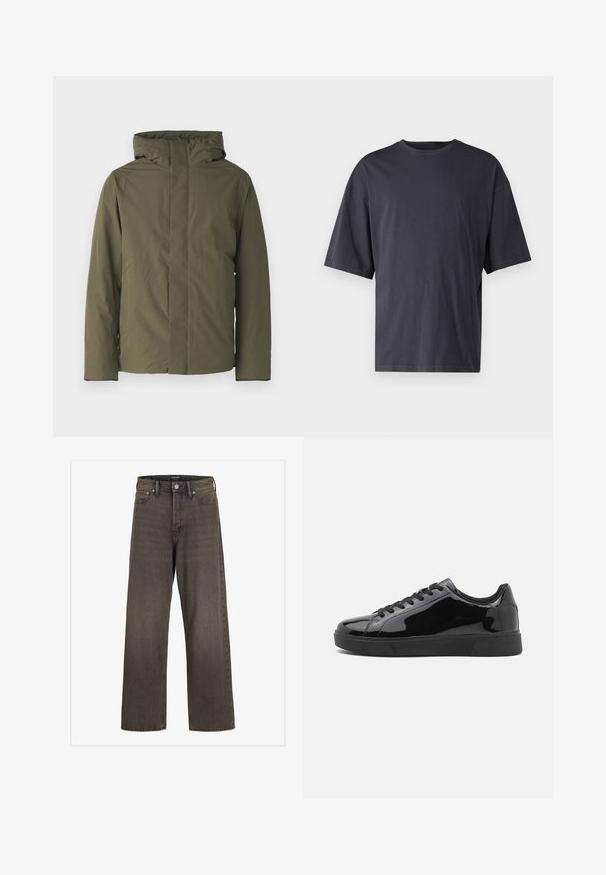 Oliven grønn vanntett jakke med høy krage, hette og minimalistisk design. Har lange ermer og rett snitt. Ingen synlige lukkinger.; Mørk grå kortermet t-skjorte laget av lett bomull, med løs passform og klassisk rund hals, med ensartet tekstur og uten mønstre.; Videbukser i mørkegrå denim, med høj talje, klassisk fem-lomme design og kontrasterende syninger langs sømmene.; Sorte lakk lær sneakers med rund tå, flat gummisåle og svarte lisser. Glatt, skinnende tekstur på overflaten.