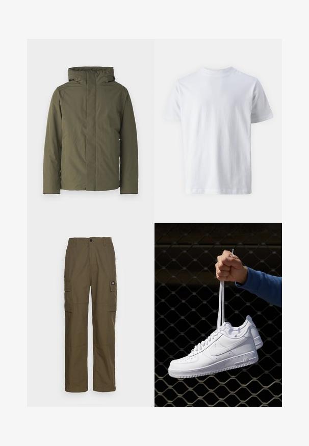 Olive green waterproof jacket with a high collar, hood, and minimalistic design. Features long sleeves and a straight cut. No visible closures.; White short-sleeve t-shirt made of cotton, featuring a crew neckline and a smooth texture, with a straight cut and no patterns.; Cargo pants in olive green, made of durable fabric. Features two side pockets, a standard waist, and a straight-leg design.; White leather sneakers with perforations, round toe, flat sole, and thick laces, featuring a visible swoosh logo and "AIR" on the heel.