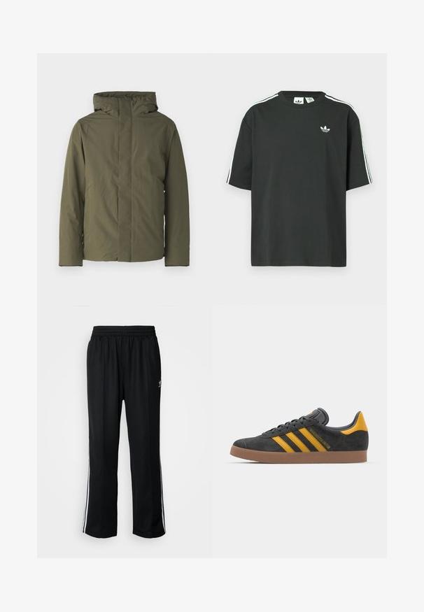 Olive green waterproof jacket with a high collar, hood, and minimalistic design. Features long sleeves and a straight cut. No visible closures.; Black cotton t-shirt with short sleeves, crew neckline, and white three-stripe detailing on shoulders. Features a small white logo on chest.; Black athletic pants with an elastic waistband, featuring white side stripes and a small logo. Material appears soft and lightweight.; Black suede sneaker with yellow accents, featuring three stripes and a brown rubber sole. Includes a padded tongue for comfort.