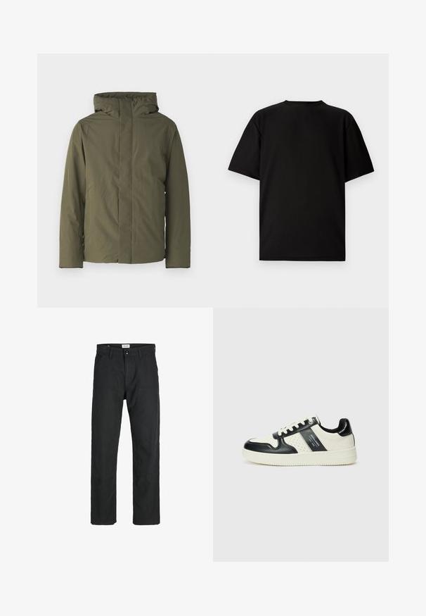 Olivovo zelená nepremokavá bunda s vysokým golierom, kapucňou a minimalistickým dizajnom. Má dlhé rukávy a rovný strih. Bez viditeľných uzáverov.; Čierne tričko s krátkym rukávom vyrobené z rebrovanej tkaniny. Má okrúhly výstrih a voľný strih s hladkou textúrou. Zobrazenie iba zozadu.; Čierne nohavice vyrobené z odolného materiálu, s rovnými nohavicami, prešitými detailmi a dvoma prednými vreckami pre väčšiu funkčnosť.; Kožené tenisky v čierno-krémovej farbe, s perforovanými akcentmi, polstrovaným golierom a štruktúrovanou podrážkou.