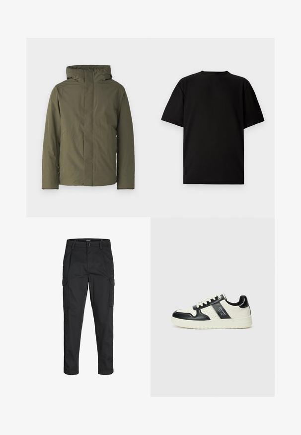 Jachetă impermeabilă de culoare verde olive, cu guler înalt, glugă și un design minimalist. Are mâneci lungi și croială dreaptă. Fără închideri vizibile.; Tricou negru cu mânecă scurtă, fabricat din material cu textură de tip ribbed. Are un decolteu rotund și o croială lejeră cu o textură fină. Vedere din spate.; Pantaloni cargo negri dintr-un material rezistent, cu multiple buzunare, închidere cu nasture și un design slim fit cu picioare conice.; Tenisi din piele cu un scheme de culori negru și crem, dotati cu accente perforate, guler căptușit și o talpă texturată.