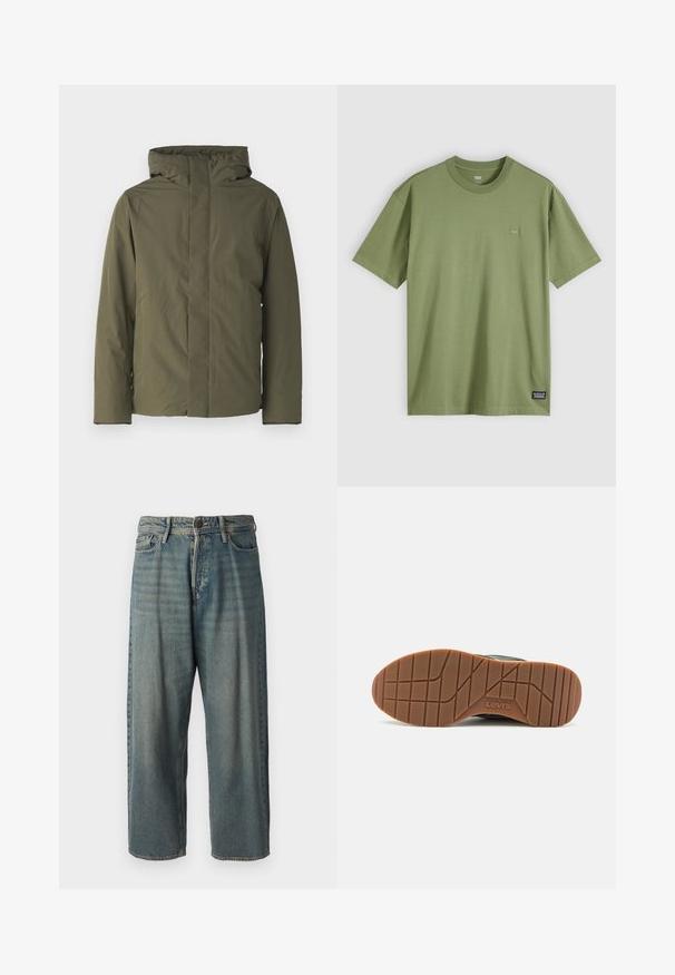 Olīvu zaļš ūdensizturīgs jaka ar augstu apkakli, kapuci un minimālistisku dizainu. Iespējas garas piedurknes un taisna piegriezuma. Nav redzamu aizdari.; Olīvu zaļš kokvilnas T-krekls ar apaļu kakla izgriezumu un īsām piedurknēm. Uz krūšu ir neliels, smalks logotipa uzlīme, un apakšmalā ir izsieta zīmola birka.; Gaiši zili džinsi ar brīvu piegriezumu, vidējo jostas augstumu un taisnām kājām. Satur piecas kabatas, jostas cilpas un pogu aizdari.; Levi's melnie sporta apavi ar gumijas zoli, kam ir teksturēts raksts un brūngani-nude zole, uz kuras ir atzīmēts zīmola nosaukums.