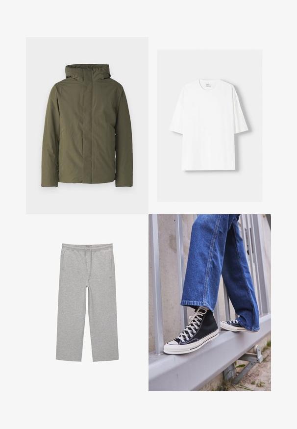 Olive green waterproof jacket with a high collar, hood, and minimalistic design. Features long sleeves and a straight cut. No visible closures.; White short-sleeved t-shirt made from cotton, featuring a round neckline and a relaxed fit. Smooth texture, with no visible patterns or accents.; Gray cotton lounge pants with an elastic waistband, drawstring, and two side pockets; straight leg design, soft texture, no patterns.; Black high-top sneakers with white sole and laces, paired with loose blue denim jeans, resting on a gray railing.