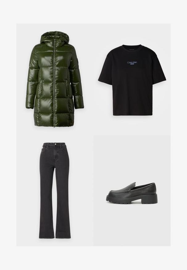 Dark green puffer coat with a shiny finish, featuring a hood, a front zipper, and large quilted sections. Smooth texture and mid-length design.; Black cotton t-shirt with a round neck, short sleeves, and blue embroidered "Calvin Klein JEANS" logo on the front.; Black high-waisted flared jeans made of denim, featuring a button closure, belt loops, and side pockets. Smooth texture with minimal fading.; Black leather loafers with a rounded toe, thick textured sole, and minimal stitching details. Sleek design with no visible laces or hardware.