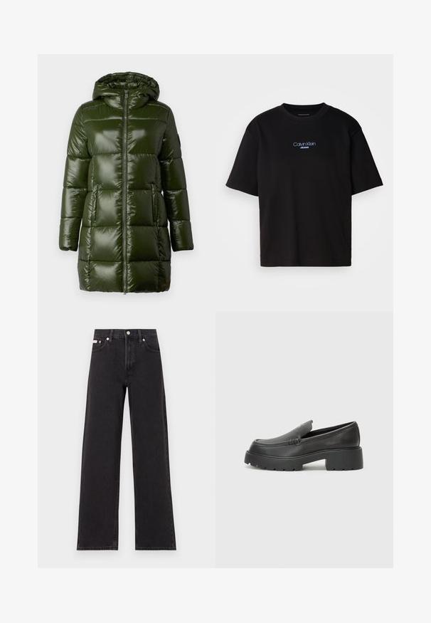 Dark green puffer coat with a shiny finish, featuring a hood, a front zipper, and large quilted sections. Smooth texture and mid-length design.; Black cotton t-shirt with a round neck, short sleeves, and blue embroidered "Calvin Klein JEANS" logo on the front.; Black wide-leg jeans made of denim, featuring a high-rise waist, five-pocket styling, and a metal button closure with contrasting stitching.; Black leather loafers with a rounded toe, thick textured sole, and minimal stitching details. Sleek design with no visible laces or hardware.