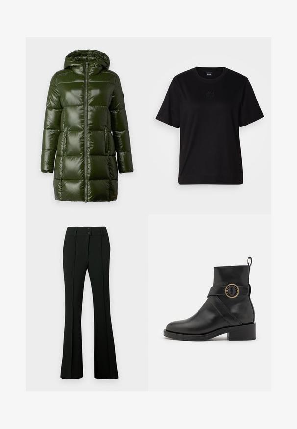 Dunkelgrüne Kapuzenjacke mit glänzender Oberfläche, ausgestattet mit einem Frontreißverschluss und großen gesteppten Abschnitten. Glatte Textur und mittellanges Design.; Schwarzes Baumwoll-T-Shirt mit Rundhalsausschnitt, kurzen Ärmeln und aufgesticktem Logo auf der Brust. Einfacher, lässiger Schnitt ohne Muster.; Schwarze, ausgestellte Hose aus glattem Stoff mit hohem Bund und zwei Knöpfen sowie vorderen Abnähern für eine taillierte Optik.; BOSS IRYNA BOOTIE - Plateaustiefelette - black