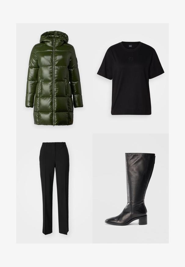 Abrigo tipo puff en verde oscuro con un acabado brillante, que cuenta con una capucha, un cierre frontal de cremallera y grandes secciones acolchadas. Textura suave y diseño de media longitud.; Camiseta de algodón negra con cuello redondo, mangas cortas y un logo bordado en el pecho. Ajuste simple y relajado sin patrones.; Pantalones negros ajustados con un diseño de pierna recta, que presentan una textura suave y pliegues nítidos en el frente. Sin herrajes visibles.; Bota de cuero negra hasta la rodilla con punta cuadrada, tacón cuadrado y diseño elegante. Textura suave con cremallera lateral para facilitar su uso.