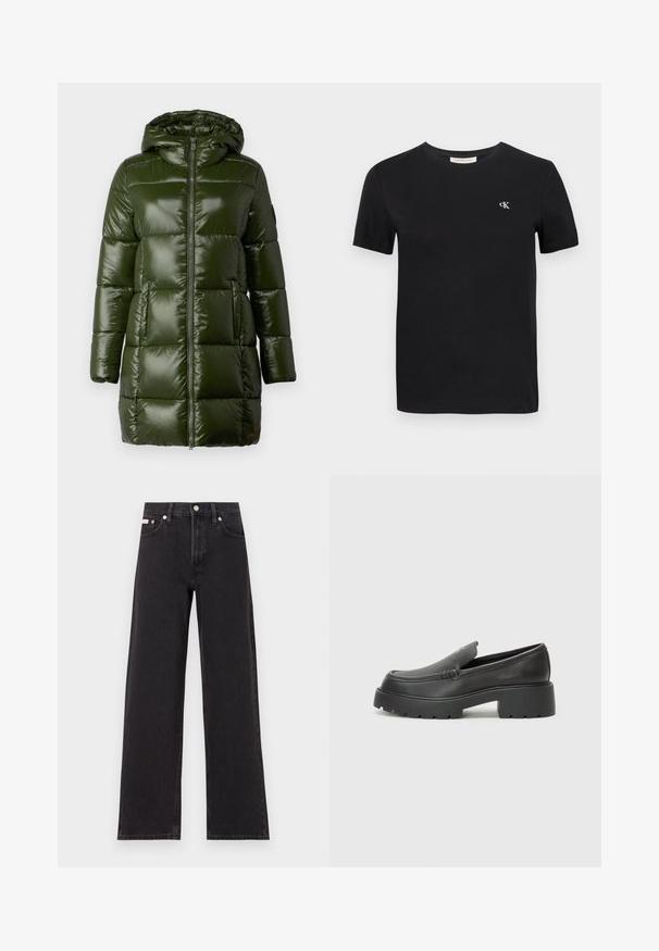 Dunkelgrüne Kapuzenjacke mit glänzender Oberfläche, ausgestattet mit einem Frontreißverschluss und großen gesteppten Abschnitten. Glatte Textur und mittellanges Design.; Schwarzes Baumwoll-T-Shirt mit klassischem Rundhalsausschnitt, kurzen Ärmeln und einem kleinen weißen gestickten "ck"-Logo auf der Brust.; Schwarze weit geschnittene Jeans aus Denim mit einem hoch sitzenden Bund, fünf Taschen und einem Metallknopfverschluss mit kontrastierendem Nähte.; Schwarze Lederloafer mit einer abgerundeten Spitze, dicker strukturierten Laufsohle und minimalen Nähten. Schlankes Design ohne sichtbare Schnürsenkel oder Beschläge.