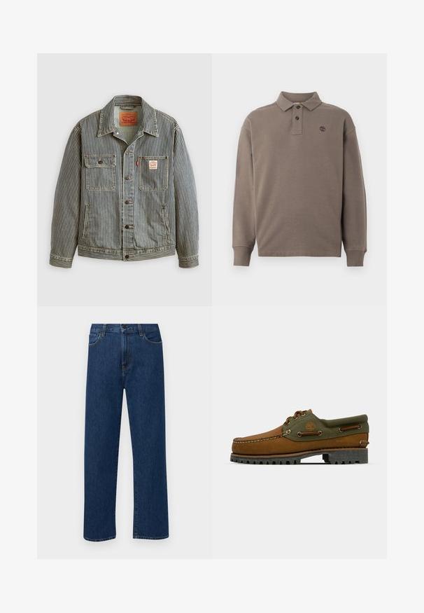 Stripete denimjakke med knapplukking foran, to brystlommer og et Levi's-merke. Har klassisk krage og oppbrettede ermer.; Langermet polo skjorte i mørk beige bomull, med en to-knapp placket, ribbestrikkede mansjetter og en lille logo brodert på brystet.; Mørkeblå rette jeans i denim med frontlommer og knappelukking, vist på en enkel hvit bakgrunn.; Brune skinnsko med grønne tekstilakenter. Har en mokasinstil design, brodert logo, og robust gummisåle med dype dekk.