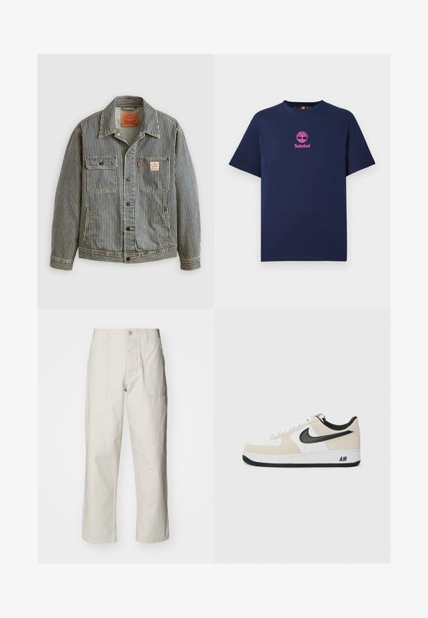 Casaco de denim riscado com fecho frontal por botão, dois bolsos no peito e um rótulo da Levi's. Apresenta um colarinho clássico e mangas com punhos.; T-shirt de algodão azul marinho com gola redonda e mangas curtas. Apresenta um logo rosa da Timberland com um design de árvore no peito.; Calças largas em bege claro, feitas de algodão. Apresentam bolsos frontais e fecho com botão. Textura suave com linhas verticais subtis.; Sapatilhas com parte superior em camurça bege claro e couro branco, swoosh da Nike em preto, detalhes em preto e uma sola de borracha branca com a marca "AIR".