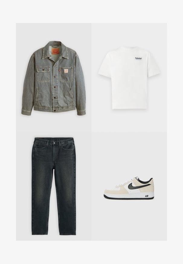 Dryžuota džinsinė striukė su priekine mygtukų uždarymo sistema, dviem krūtinės kišenėmis ir Levi's etikete. Pasižymi klasikine apykakle ir suktomis rankovėmis.; Balta medvilnė marškinėliai su mėlynu siuvinėtu "Timberland Rugged Active Gear" logotipu kairiajame krūtinės viršuje. Trumpi rankovės ir apvalus kaklas.; Tamsiai mėlynos džinsinės kelnės su tiesiu kirpimu, turinčios penkias kišenes, užtrauktuką ir kontrastingas siūles. Audinys šiek tiek nublukęs.; Batai sportui su šviesiai rudos suku ir baltos odos viršutinė dalimi, juodom Nike swoosh detalėm, juodais akcentais ir balta gumine padanga su "AIR" ženklu.