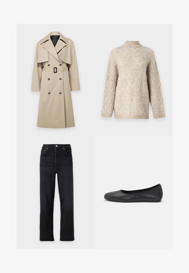 Bēša izklāta mētelis ar dubulto pogu dizainu, lielu apkakli, jostu viduklī un atloka detaļām uz pleciem. Audums izskatās gluds.; Bežs adīts džemperis ar augstu kaklu, ar teksturētu kablu rakstu un vaļīgām piedurknēm. Izgatavots no mīkstas, pūkainas dzijas.; Melnās taisnās kājas džinsi, izgatavoti no denima. Iespējas piecas kabatas, pogu un rāvējslēdzēja aizdare, kā arī smalki izšuvumi.; Melna ādas baleta kurpe ar noapaļotu purngalu, gludu tekstūru, minimālu šuvju detalizāciju un elastīgu zoles dizainu.