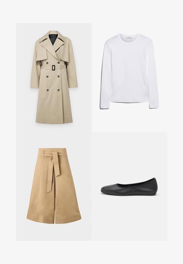 Beige trench coat with a double-breasted design, large collar, belted waist, and flap details on the shoulders. Fabric appears smooth.; Long-sleeve white T-shirt made of ribbed cotton, featuring a round neckline and a straight hem. Simple design with no patterns or accents.; Khaki midi wrap skirt with a tie belt, made of lightweight cotton, featuring a flared silhouette and visible stitching details.; Black leather ballet flat with a rounded toe, smooth texture, minimal stitching detail, and a flexible sole design.