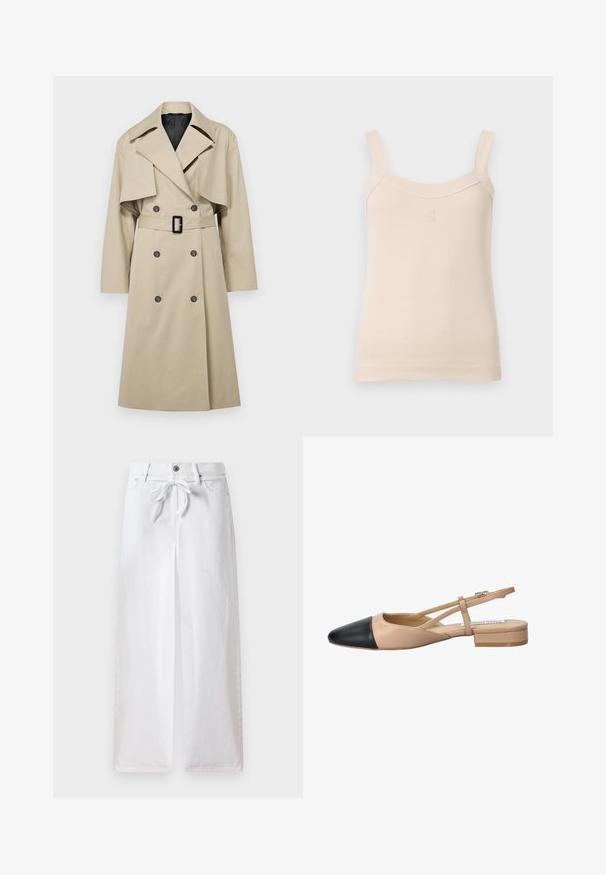 Beez värvi trench coat, millel on topeltrinniline disain, suur krae, vöödiga talje ja klappdetailid õlgadel. Kanga välimus on sile.; Beez ribastank, millel on õhukesed rihmad ja ümar kaelus. Ees on õmmeldud logo. Sile tekstuur, keha lähedane disain.; Valged laiad püksid, mis on valmistatud puuvillast. Omavad paela toimetamise nööri vööl ja nööpistungit. Sile tekstuur koos minimalistliku disainiga.; Beez ja must kahetooniline slingback king, millel on terav nina, lame konts ja ristuv rihma detail. Sile nahk tekstuur.