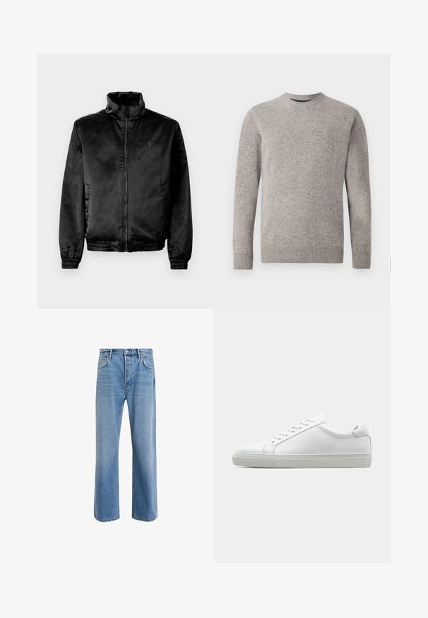Černá bomber bunda vyrobená z hladkého, lesklého materiálu s vysokým límcem, zipem vpředu a elastickými manžetami a dolním okrajem. Minimální značení na hrudi.; Svetle šedý pletený svetr s kulatým výstřihem, dlouhými rukávy a žebrovanými manžetami a lemem. Texturovaný vzor s barevnými skvrnami.; Světle modré džínové kalhoty s rovnými nohavicemi, pěti kapsami, zapínáním na knoflík, minimálním vyblednutím a kontrastním prošitím.; Bílé tenisky s hladkým koženým svrškem a nízkým profilem. Mají zaoblenou špičku, šest nýtů a texturovanou gumovou podrážku.