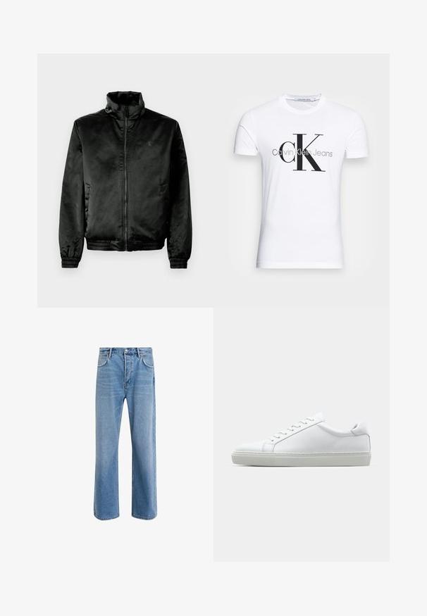 Melnā bumbieru jaka, izgatavota no gludas, spīdīgas auduma, ar augstu apkakli, rāvējslēdzēju priekšpusē un elastīgiem aproces un apakšmalu. Minimāla zīmola identifikācija uz krūts.; Baltas kokvilnas T-krekls ar melnu "CK" logo un tekstu "Calvin Klein Jeans", īsām piedurknēm un klasisku apaļu kakla izgriezumu.; Gai zilas džinsu bikses ar taisnām kājām, piecām kabatām, pogu aizvēršanu, minimālu izbalēšanu un kontrastējošiem šuvju elementiem.; Baltie sporta apavi ar gludu ādas virsu un zemu profilu. Iezīmējas ar noapaļotu purngalu, sešām acīm un teksturētu gumijas zoli.