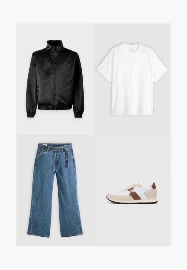 Melnā bumbieru jaka, izgatavota no gludas, spīdīgas auduma, ar augstu apkakli, rāvējslēdzēju priekšpusē un elastīgiem aproces un apakšmalu. Minimāla zīmola identifikācija uz krūts.; Balta īslaicīga T-krekla ar īsām piedurknēm, kas izgatavots no kokvilnas, ar apaļu kakla izgriezumu. Priekšpusē ir smalks reljefs ar logotipu un sarkans birka apakšmalā.; Zilas džinsa platās kājas bikses ar pievienotu jostu, priekšējām kabatām un redzamiem šuvumiem uz vienkārša gaiša fona.; Sneakeri, kas izgatavoti no balta sieta un beigu zamšas ar brūnu ādas akcentu. Apaļa purngala forma, plakana gumijas zole un auklu dizains.