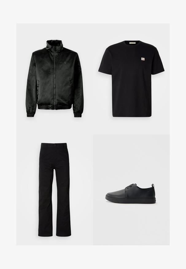 Casaco bomber preto feito de um tecido liso e brilhante, com colarinho alto, fecho éclair na frente e punhos e barra elásticos. Branding mínimo no peito.; T-shirt de algodão preto com mangas curtas, gola redonda e um pequeno logotipo bordado no lado esquerdo do peito. Textura suave, corte regular.; Calças de algodão pretas com um design de perna reta, apresentando fecho de botão e passantes para cinto. Textura suave e estilo minimalista sem padrões visíveis.; Sapatilha de couro preta com um acabamento liso, bico arredondado, costura ton sur ton, frente com atacadores e sola plana de borracha. Alça no calcanhar.