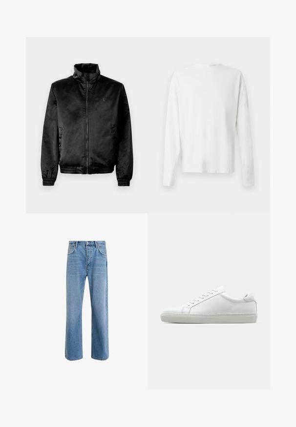 Must mustrõng, läikivast kangast must bomber-jakk, millel on kõrge krae, lukuga eesmine osa ning elastsed varruka- ja alumised ääred. Minimalistlik bränding rinnal.; Pikad varrukad, valge puuvillane särk ümmarguse kaelusega, külgedel lõhikud all ja sile tekstuur, nähtav tagant.; Heledad sinine teksapüksid otse lõikega, viie taskuga, nupuga sulgemine, minimaalne kulumine ja kontrastsed õmbluse detailid.; Valge tennisetoss, millel on sile nahk pealis ja madal profiil. Omab ümarat ninaosa, kuut silmust ja tekstuuriga kummist talda.
