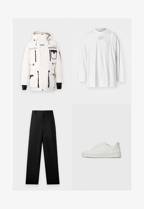 Polsterēta balta jaka ar vairākiem melniem rāvējslēdzēja kabatām, regulējamu kapuci un pelēkiem atstarojošiem akcentiem. Iezīmējas ar melnu apdari un elastīgām piedurknēm.; Feng Chen Wang DECONSTRUCTION UNISEX - Tops ar garām piedurknēm - white; Melnas kokvilnas bikses ar taisnās kājas dizainu, kurām ir priekšējā pogu aizdare un sānu kabatas. Gluda tekstūra, bez rakstiem.; Baltas ādas sneakers ar gludu virsmu, apaļu pirkstu daļu, plakaniem šņorēm un teksturētu zoli. Satur diskrētu logotipu uz papēža.