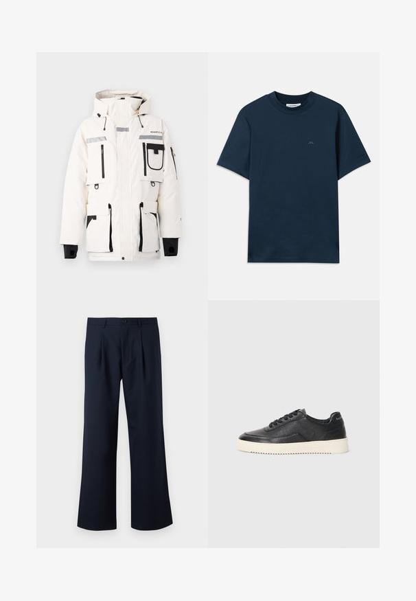 Padded white jacket with multiple black zip pockets, adjustable hood, and gray reflective accents. Features black trim and elastic cuffs.; Navy blue cotton t-shirt with a crew neck, short sleeves, and a subtle logo printed on the chest. Smooth texture and classic fit.; Navy blue trousers with a tailored fit, wide leg design, front pleats, and a single button closure at the waist. Smooth fabric texture.; Black leather sneaker with textured finish, round toe, and flat white rubber sole. Features black laces and branding on the heel.