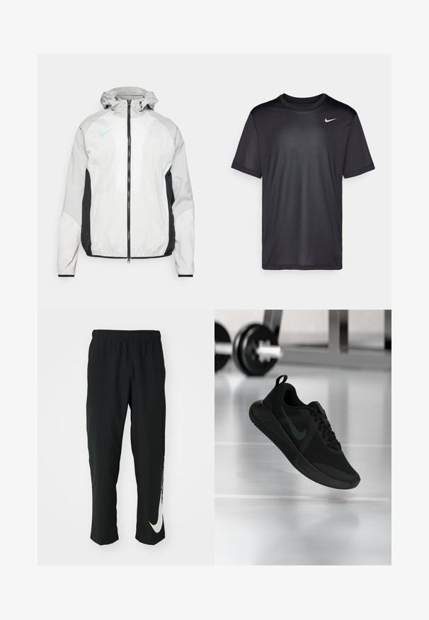 Veste coupe-vent Nike en gris clair avec des panneaux latéraux noirs. Dotée d'une fermeture éclair, d'une capuche ajustable et d'accents aqua sur les coutures et le logo.; T-shirt de sport noir à manches courtes, col rond, fabriqué en tissu lisse. Il présente un petit logo Nike blanc en haut à gauche.; Pantalons de sport noirs avec une ceinture élastique, design fuselé, dotés d'un grand logo Nike blanc sur la jambe gauche. Tissu doux et léger.; Chaussure de sport noire avec une tige en maille texturée, une semelle en caoutchouc et un logo Swoosh sombre proéminent. Elle présente un col rembourré et un système de laçage.