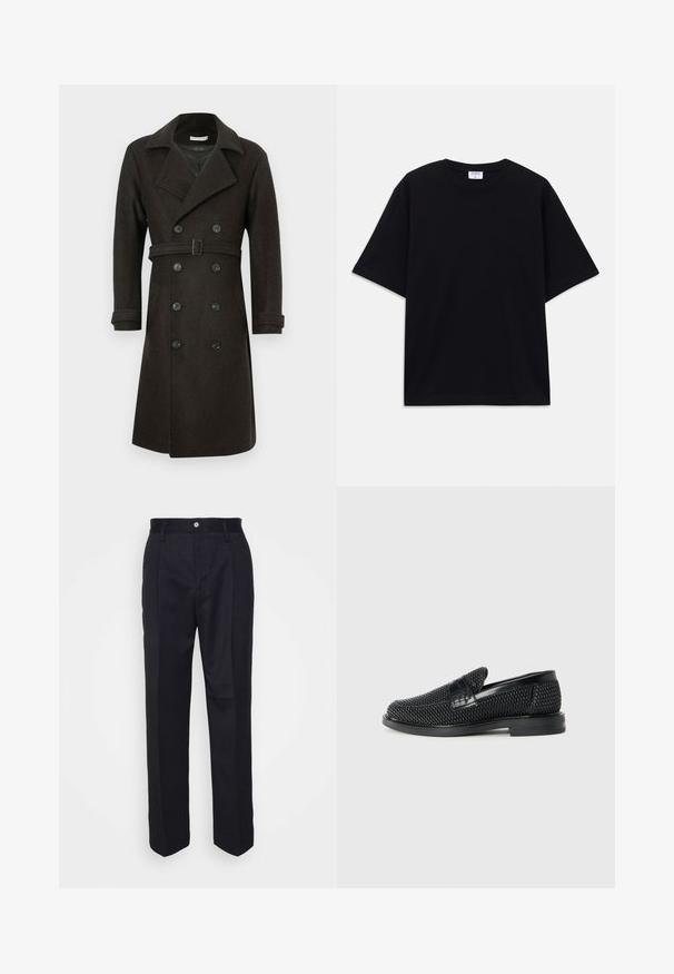 Dark brown wool coat with a double-breasted design, large lapels, and a belted waist. Features six buttons and side pockets.; Black short-sleeve oversized T-shirt with round neckline and visible Filippa K brand label inside the collar.; Black tailored trousers with a straight-leg design, made of smooth fabric, featuring a front button closure and two side pockets.; Black woven slip-on shoe with a smooth leather accent on the upper, a round toe design, and a low-profile rubber sole.