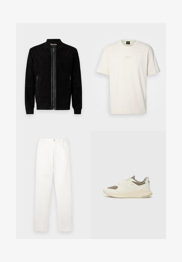 Jaqueta bomber preta de camurça com fecho frontal, punhos e barra canelados, bolsos laterais com fecho e uma gola. Textura suave, design minimalista.; BOSS TEE - T-shirt básica - open white; Calças brancas feitas de um tecido suave, com um design de perna reta, pregas frontais e um fecho de botão único na cintura.; Sapatilha atlética branca e bege claro, com parte superior em malha, detalhes perfurados e uma entressola texturizada com marcação no calcanhar.