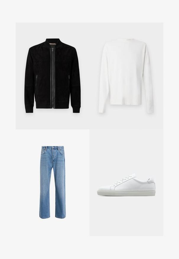 Melnā zamša bumbieru jaka ar priekšējo rāvējslēdzēju, ribotām aprocēm un apakšmalu, sānu rāvējslēdzēju kabatām un apkakli. Gluda tekstūra, minimālistisks dizains.; Garums piedurkņu baltā kokvilnas krekls ar apaļu dekoltē, sānu šķēlumiem apakšā un gludu tekstūru, redzams no aizmugures.; Gai zilas džinsu bikses ar taisnām kājām, piecām kabatām, pogu aizvēršanu, minimālu izbalēšanu un kontrastējošiem šuvju elementiem.; Baltie sporta apavi ar gludu ādas virsu un zemu profilu. Iezīmējas ar noapaļotu purngalu, sešām acīm un teksturētu gumijas zoli.