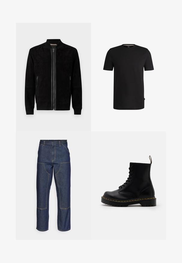 Jaqueta bomber preta de camurça com fecho frontal, punhos e barra canelados, bolsos laterais com fecho e uma gola. Textura suave, design minimalista.; T-shirt preto de manga curta feito de algodão suave com decote redondo. Apresenta uma etiqueta discreta da marca do lado esquerdo perto da bainha.; Jeans de ganga escura com uma cintura alta, design de perna reta, costuras em contraste e bolsos de remendo na frente.; Botas de couro pretas até ao tornozelo com fecho de atacadores na frente, costura amarela, biqueira arredondada e sola espessa e texturizada em borracha.