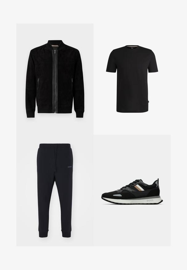 Černá nubuková bomber bunda s předním zipem, žebrovanými manžetami a lemem, bočními zipovými kapsami a límcem. Hladký povrch, minimalistický design.; Černé tričko s krátkým rukávem vyrobené z hladké bavlny s kulatým výstřihem. Obsahuje subtílní značkovou etiketu na levé straně blízko lemu.; Černé tepláky vyrobené z měkkého materiálu s elastickým pasem, šňůrkou na stažení a zúženými nohavicemi. Obsahují malé logo na boku.; Černá běžecká obuv s texturovaným povrchem, světle šedými akcenty a třemi vodorovnými pruhy v hnědé. Obsahuje bílou polstrovanou podešev.