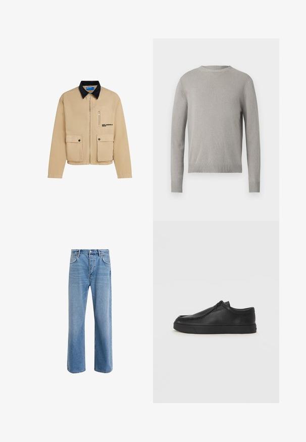 Bežs žakets ar melnu samta apkali, ar priekšējo rāvējslēdzēju, divām atloku kabatām un vienu kabatu ar rāvējslēdzēju krūšu daļā. Teksta logo priekšpusē.; Gai pelēks adīts džemperis ar apaļu kakla izgriezumu, ribotām piedurknēm un apakšmalu. Iezīmē teksturētu audumu vienkrāsainā tonī bez rakstiem.; Gai zilas džinsu bikses ar taisnām kājām, piecām kabatām, pogu aizvēršanu, minimālu izbalēšanu un kontrastējošiem šuvju elementiem.; Melnas ādas slip-on kurpes ar noapaļotu purngalu, šūšanas detaļām un melnu gumijas zoli. Gluda tekstūra ar minimālistisku dizainu.