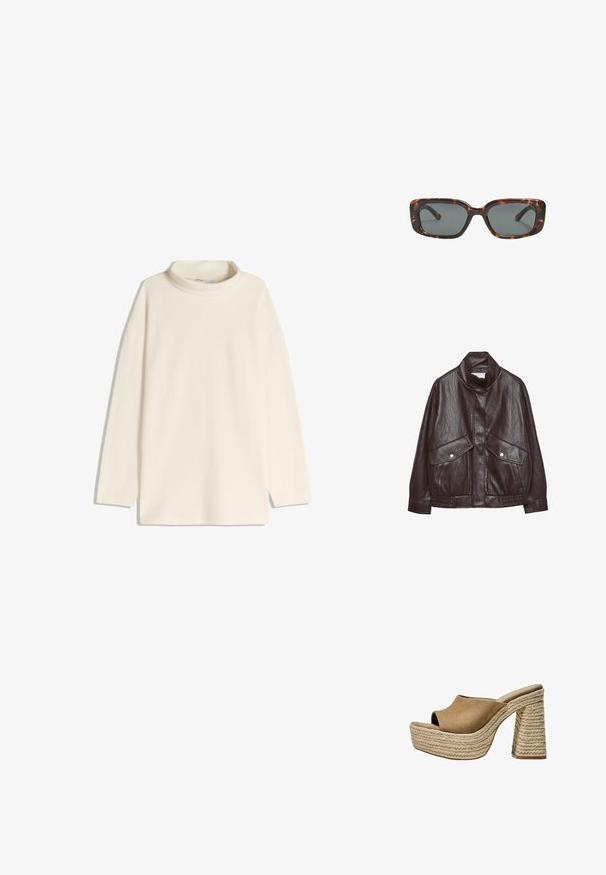 Smeđi kožni jakna s visokim ovratnikom, dva velika prednja džepa, akcentima na zakovice i elastičnim pojasom. Teksturalna, mat površina.; Krema boje turtleneck pulover s dugim rukavima, opuštenog kroja i bočnim prorezima na rubu. Izrađen je od mekanog, teksturiranog materijala.; Smeđe antilopne platforme mule s otvorenom prstima, koje imaju čvrsti pleteni jutu potplat i glatki, zaobljeni gornji dizajn.; Smešane sunčane naočale s pravokutnim lećama, debelim okvirom i tamnim lećama. Glatka tekstura i minimalistički dizajn.