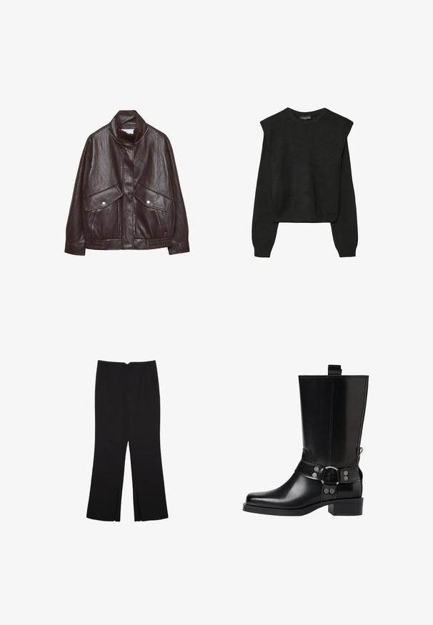 Brązowa skórzana kurtka z wysokim kołnierzem, dwiema dużymi kieszeniami z przodu, wykończeniem na zatrzaski i elastycznym pasem. Teksturowane, matowe wykończenie.; Czarny, długi sweter z dzianiny z poduszkami na ramionach oraz prążkowanymi mankietami i dołem, pokazany na białym tle.; Czarne spodnie o prostym kroju, z przednimi kieszeniami i bocznymi rozcięciami na dole. Wykonane z miękkiego, gładkiego materiału. Odpowiednie na różne okazje.; Czarne skórzane buty za kolano z wydłużonym noskiem, srebrnymi akcentami w postaci klamr oraz masywnym obcasem. Posiadają pętelkę umożliwiającą łatwe zakładanie.