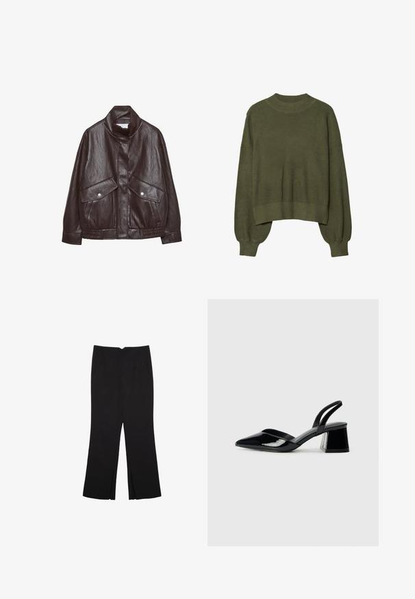 Giacca di pelle marrone con colletto alto, due grandi tasche frontali, elementi a bottone a pressione e vita elasticizzata. Finitura opaca e testurizzata.; Maglione lavorato a maglia verde oliva con scollo rotondo, spalle scese e maniche lunghe a sbuffo, con un design corto e polsini a costine.; Pantaloni neri a gamba dritta, con tasche frontali e spacchi laterali all'orlo. Realizzati in tessuto morbido e liscio. Adatti a diverse occasioni.; Décolleté in vernice nera con punta affusolata e tacco in geometria cubica. Presentano un design elegante e minimalista, con una texture liscia.