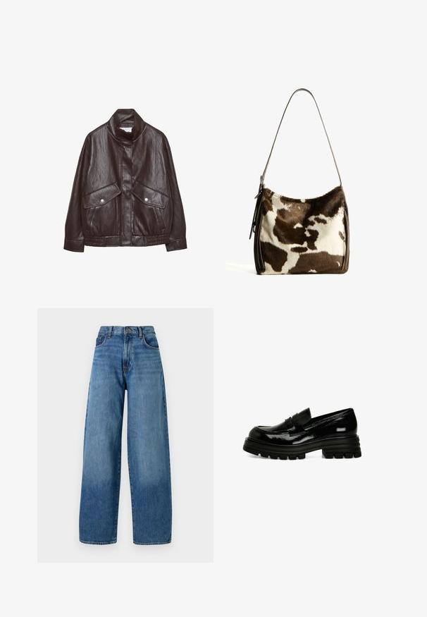 Giacca di pelle marrone con colletto alto, due grandi tasche frontali, elementi a bottone a pressione e vita elasticizzata. Finitura opaca e testurizzata.; Due magliette bianche a maniche lunghe con scollo rotondo, sovrapposte con una leggermente più avanti dell'altra su uno sfondo bianco.; Jeans di denim blu a gamba larga con un classico design a cinque tasche. Presentano una chiusura con bottone e una leggera scoloritura per texture.; Mocassini in vernice nera con suola in gomma spessa, texture liscia e un piccolo dettagli sul davanti. Presentano un design a profilo basso.; Borsa a spalla in pelle bovina marrone e crema con tracolla in pelle liscia, chiusura con zip e superficie morbida e testurizzata con un motivo naturale.