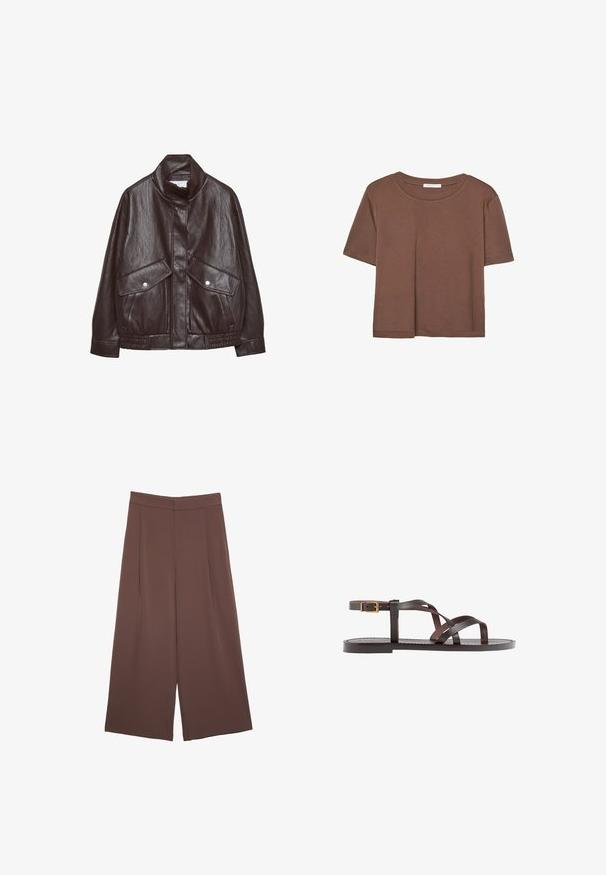 Hnědá kožená bunda s vysokým límcem, dvěma velkými předními kapsami, akcenty na patentky a elastickým pasem. Texturovaný, matný povrch.; Hnědé tričko s krátkým rukávem vyrobené z měkké látky, s kulatým výstřihem a volným střihem. Bez viditelných vzorů nebo dekorací.; Hnědé široké kalhoty s hladkou texturou, vysokým pasem a předními záhyby. Materiál je lehký a volně splývá.; Hnědé kožené sandály s kříženými pásky, uzavřením na přezku u kotníku a plochou podrážkou s minimem švů.