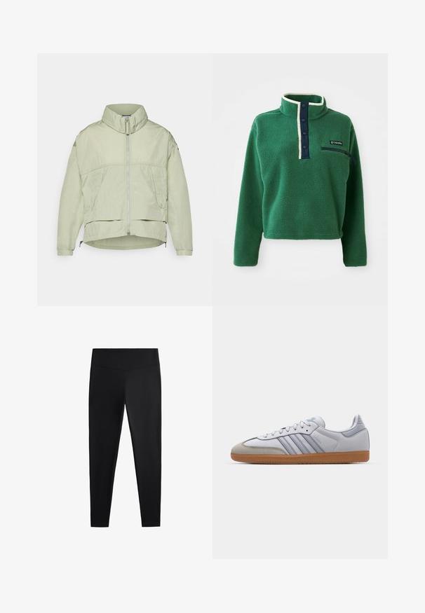 Lys grøn, letvægtsjakke med høj krave, frontlynlås, to sidelommer og justerbar kant. Glat tekstur med en afslappet pasform.; Grøn fleece-pullover med høj krave, navy trykknap-lukning og en lynlås-lomme. Har en blød tekstur og kontrasterende cremet kant.; Sorte leggings lavet af glat, strækbart stof. Har en bred talje og en tapered ben-design, velegnet til aktiv eller afslappet brug.; Hvide lædersneakers med lyseblå accenter, grå ruskindsnæse og en brun gummisål. Har tre blå striber og "Samba" branding.